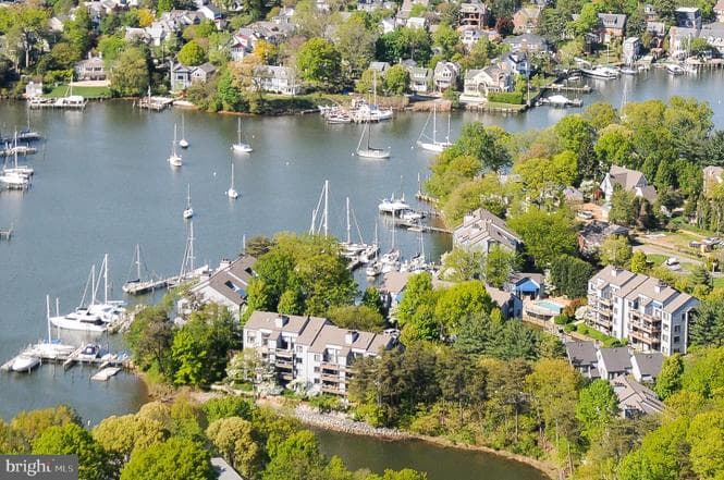 Aerial view of 3 Spa Creek Landing and the marina, Annapolis