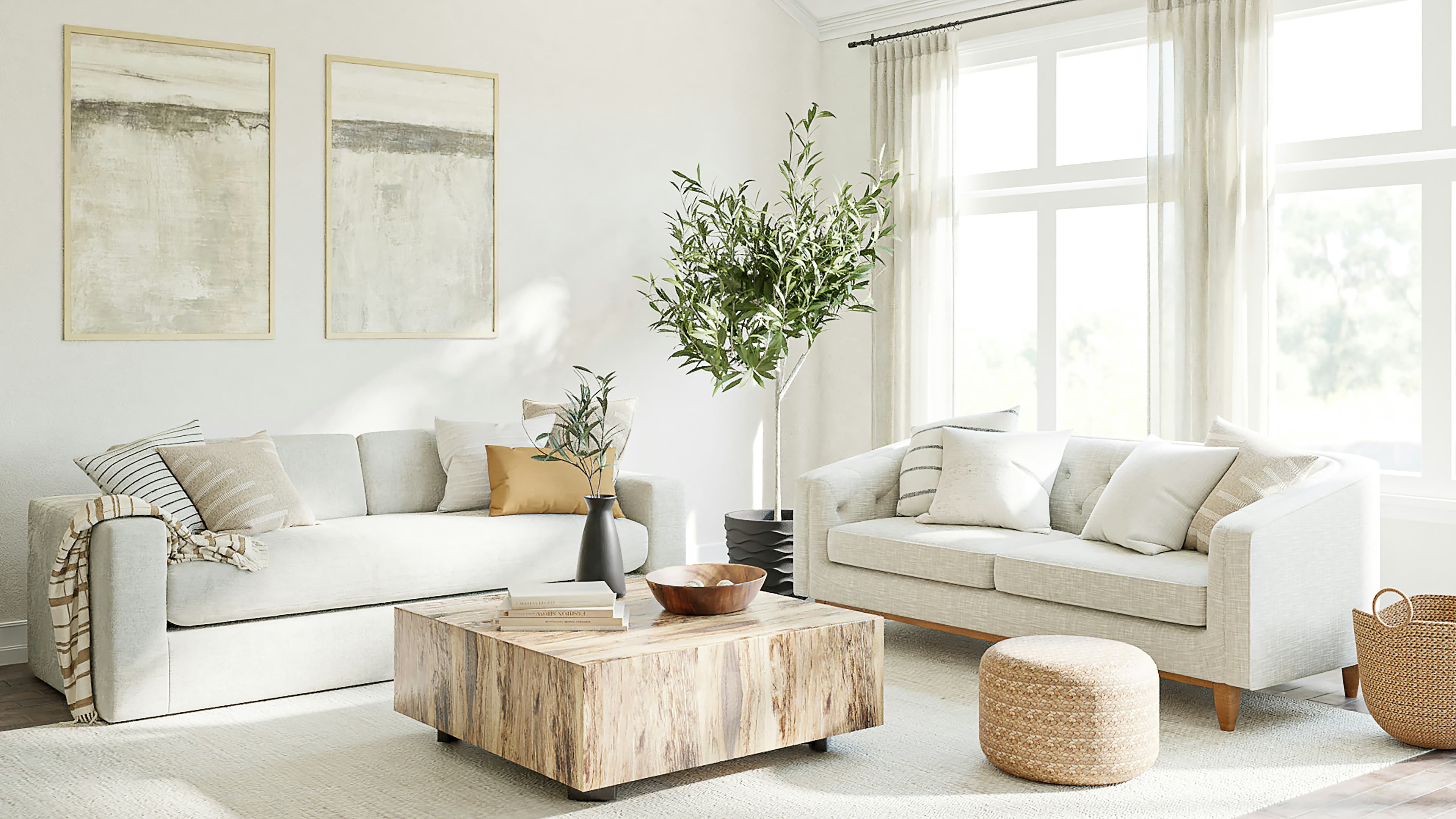 Bright, open living room with plants and natural light