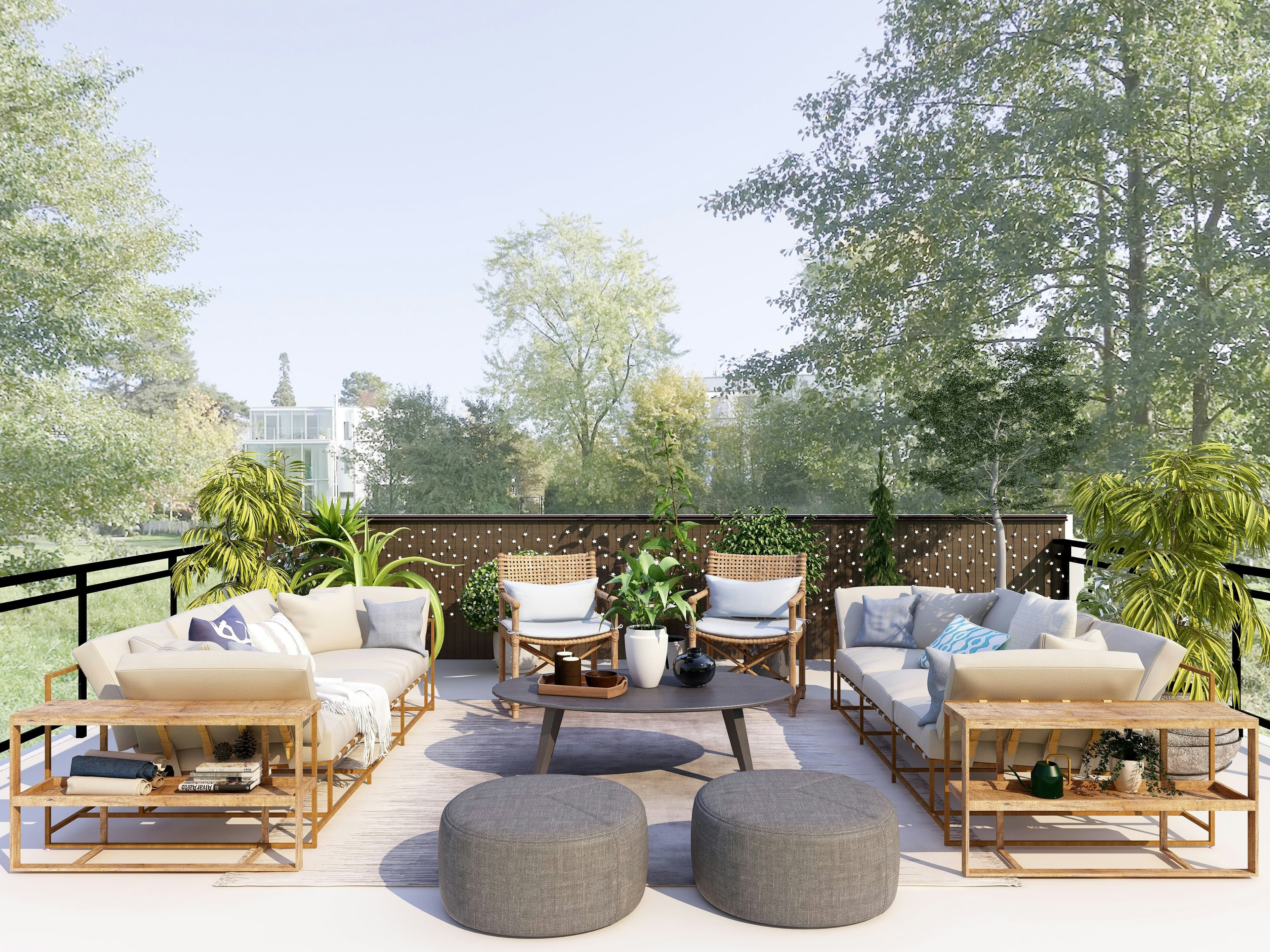Staged outdoor living space with lounge seating